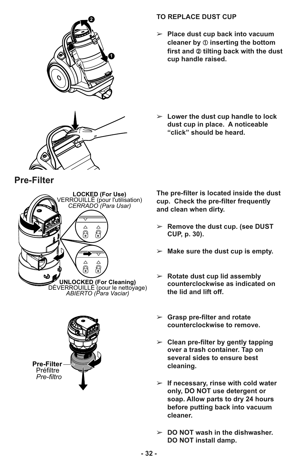 Pre-filter | Panasonic MC-CL935 User Manual | Page 32 / 56