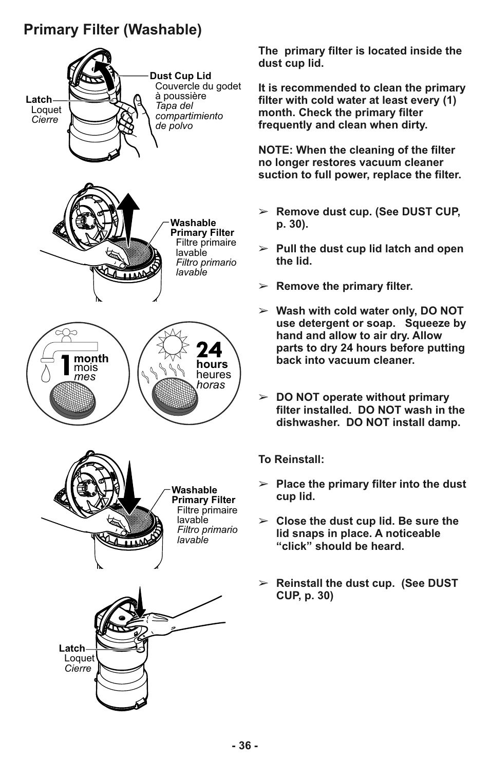 Primary filter (washable) | Panasonic MC-CL935 User Manual | Page 36 / 56