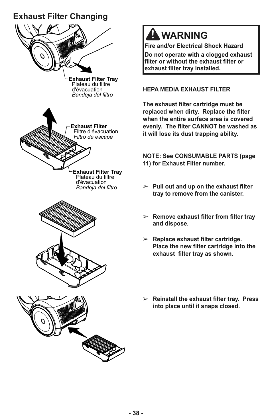 Warning, Exhaust filter changing | Panasonic MC-CL935 User Manual | Page 38 / 56