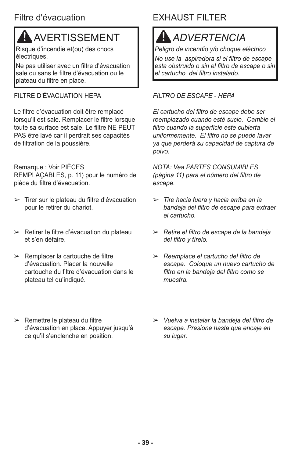 Advertencia, Avertissement, Exhaust filter | Filtre d'évacuation | Panasonic MC-CL935 User Manual | Page 39 / 56