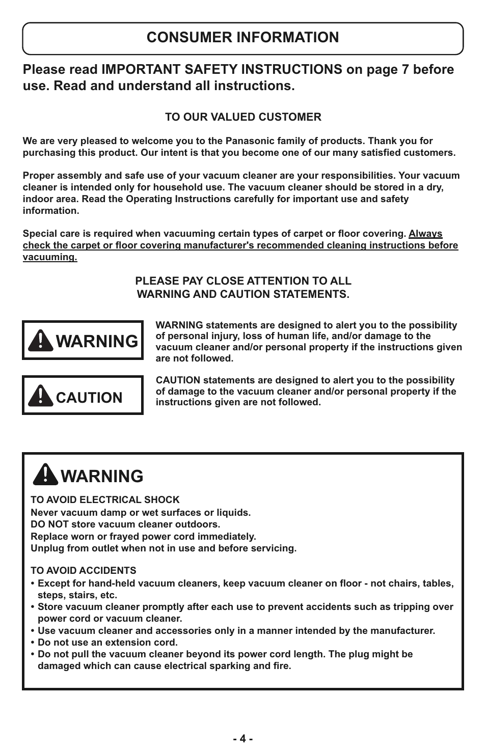 Consumer information, Warning, Caution | Panasonic MC-CL935 User Manual | Page 4 / 56