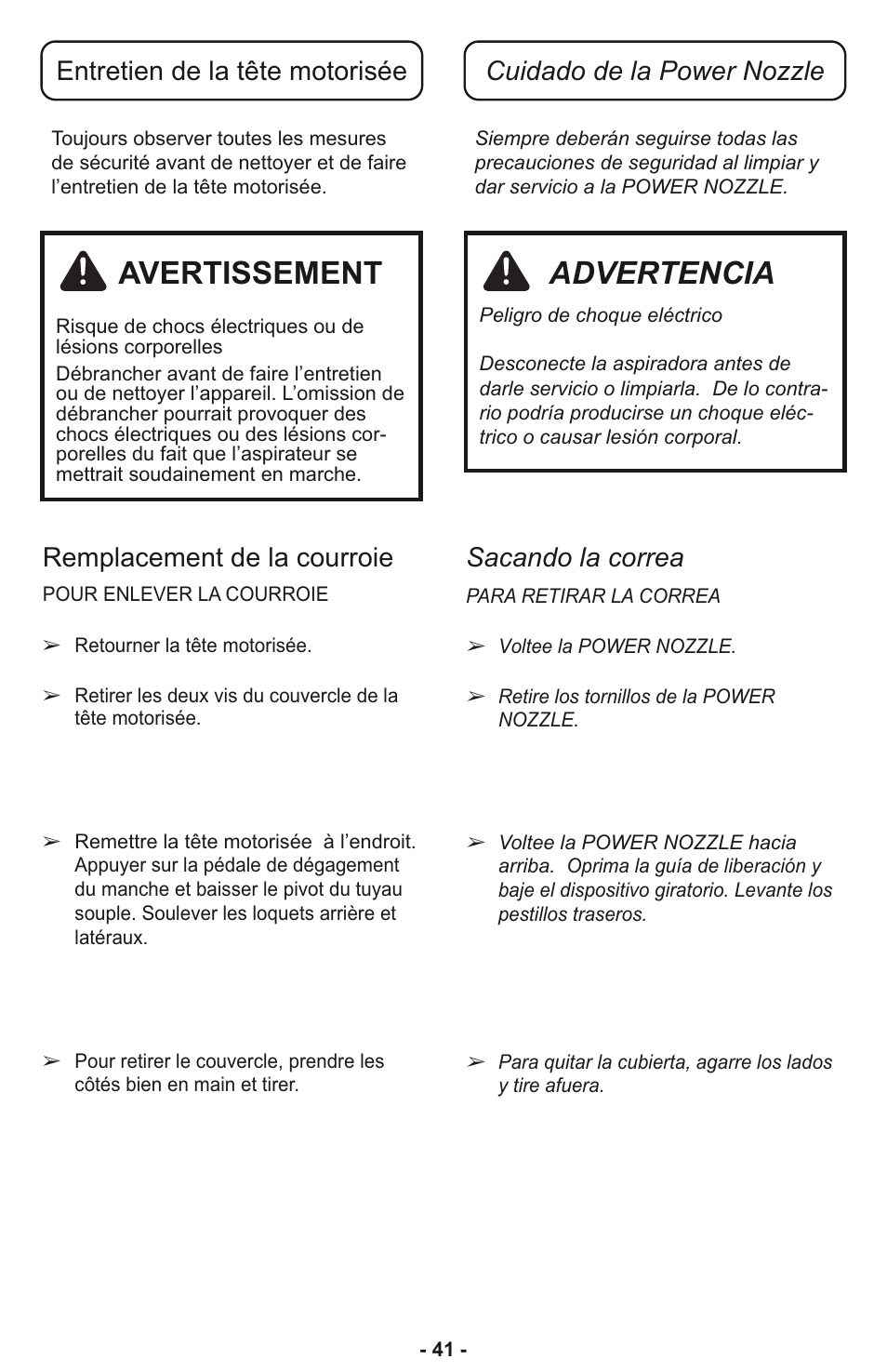 Avertissement, Advertencia, Sacando la correa remplacement de la courroie | Panasonic MC-CL935 User Manual | Page 41 / 56