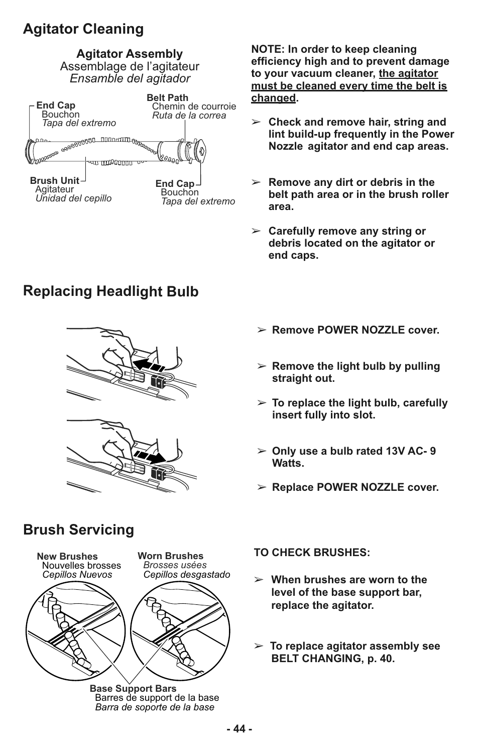 Agitator cleaning, Replacing headlight bulb, Brush servicing | Panasonic MC-CL935 User Manual | Page 44 / 56