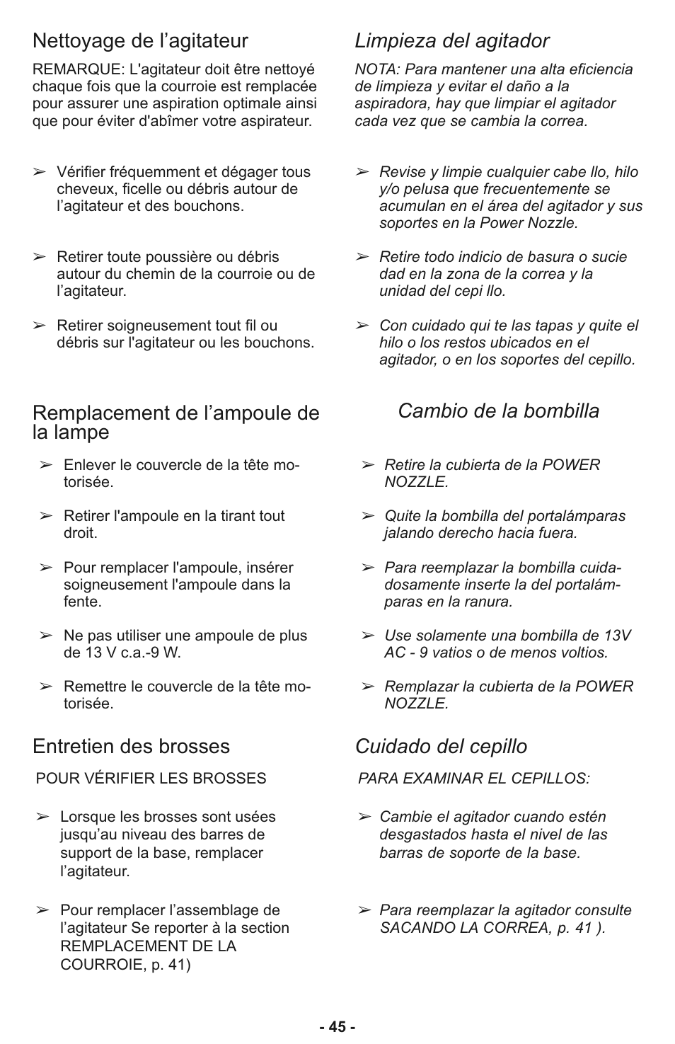 Nettoyage de l’agitateur limpieza del agitador, Entretien des brosses cuidado del cepillo | Panasonic MC-CL935 User Manual | Page 45 / 56