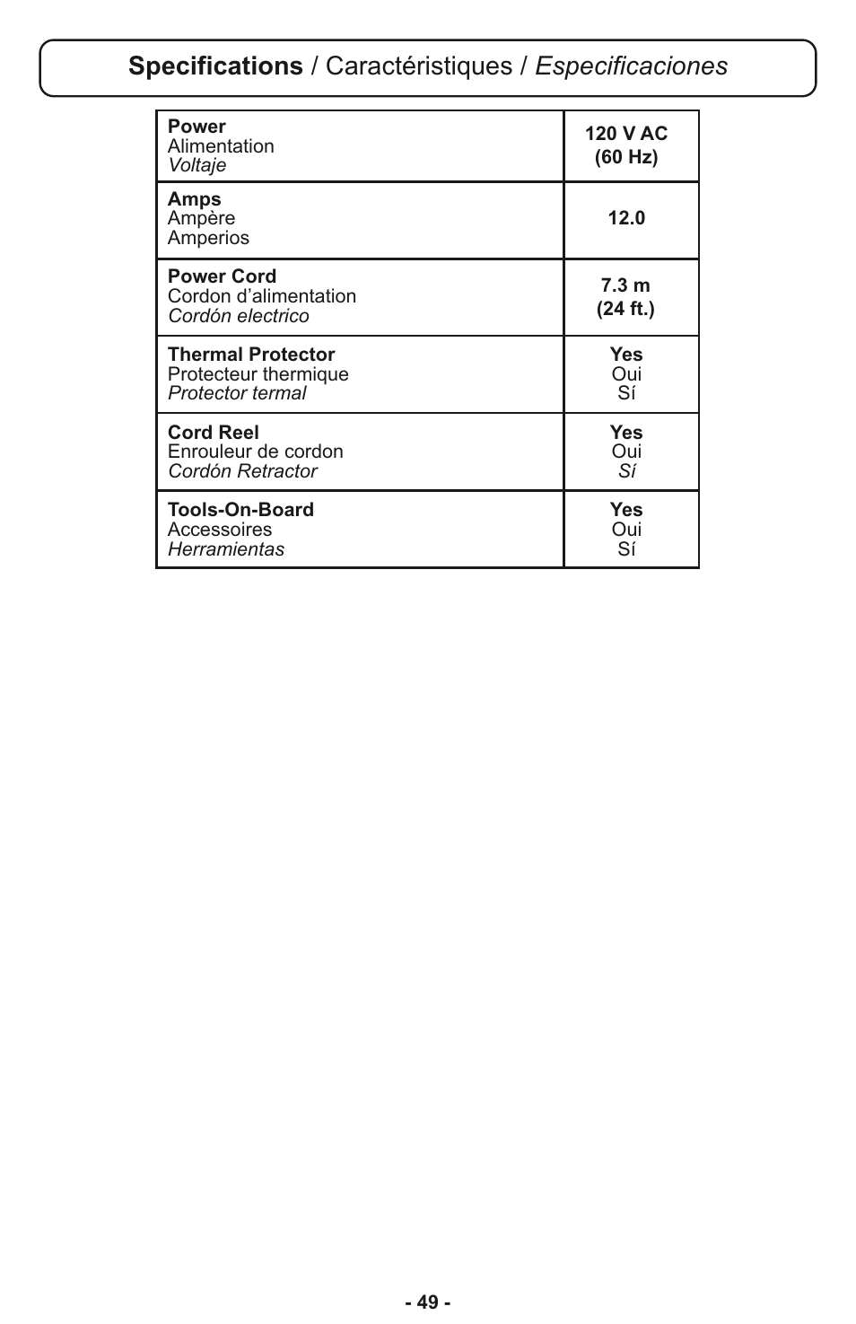 Specifications | Panasonic MC-CL935 User Manual | Page 49 / 56
