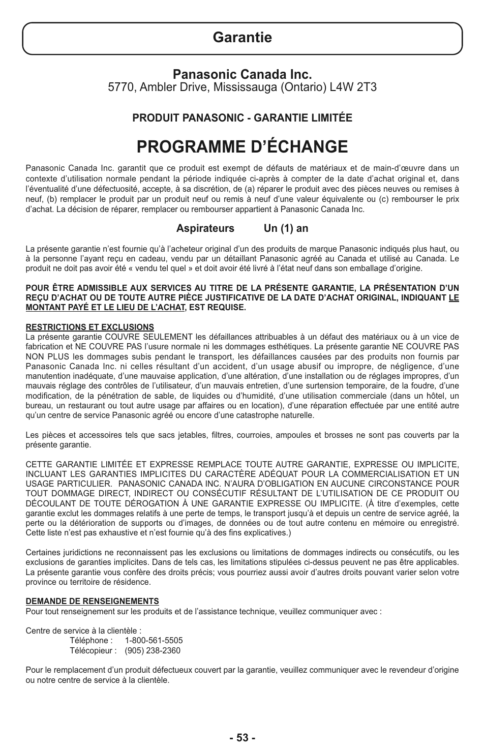 Programme d’échange, Garantie, Panasonic canada inc | Panasonic MC-CL935 User Manual | Page 53 / 56