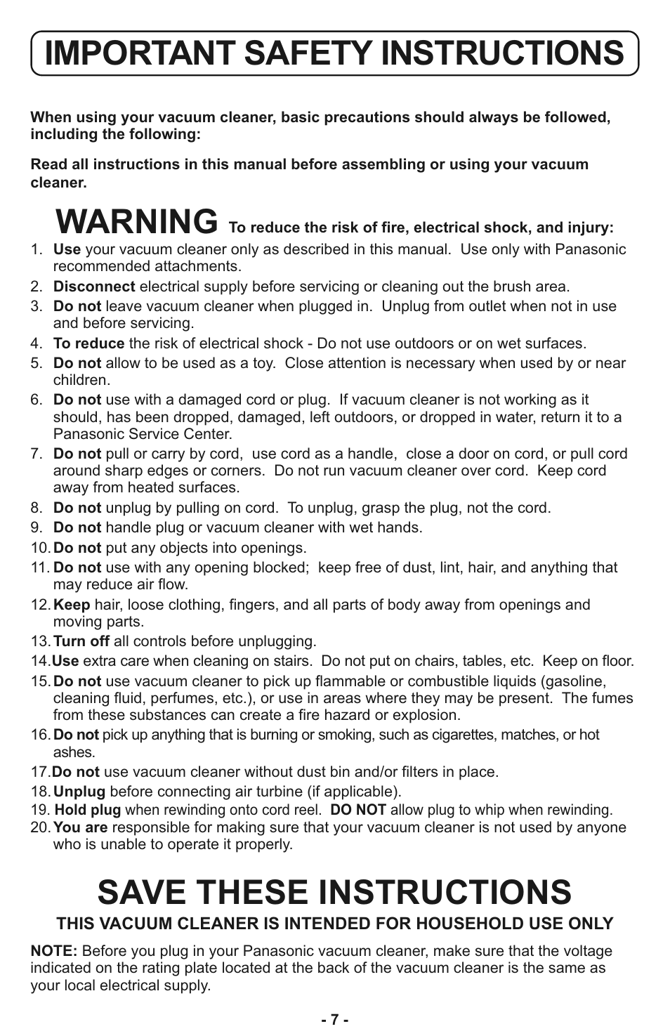 Important safety instructions, Warning, Save these instructions | Panasonic MC-CL935 User Manual | Page 7 / 56