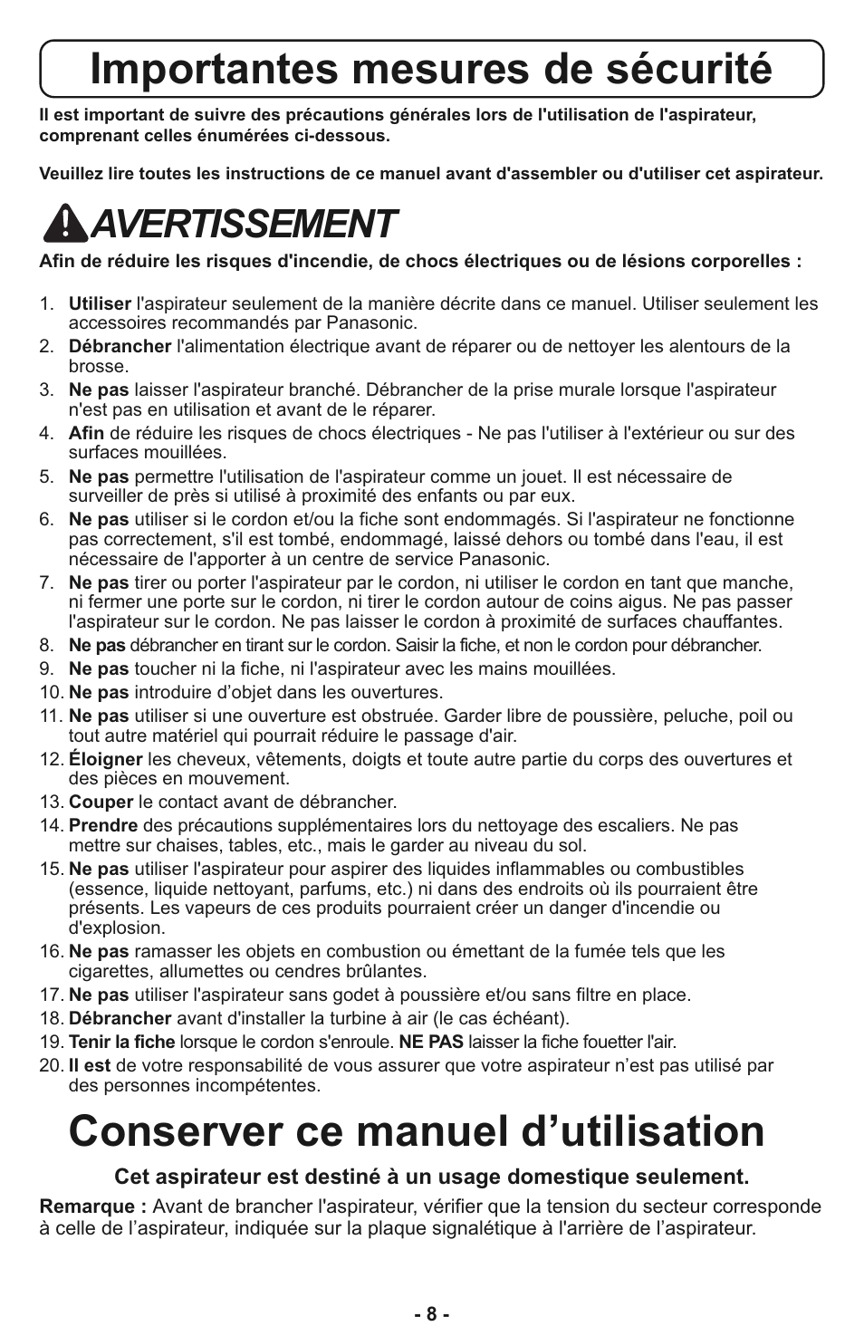 Importantes mesures de sécurité, Conserver ce manuel d’utilisation, Avertissement | Panasonic MC-CL935 User Manual | Page 8 / 56