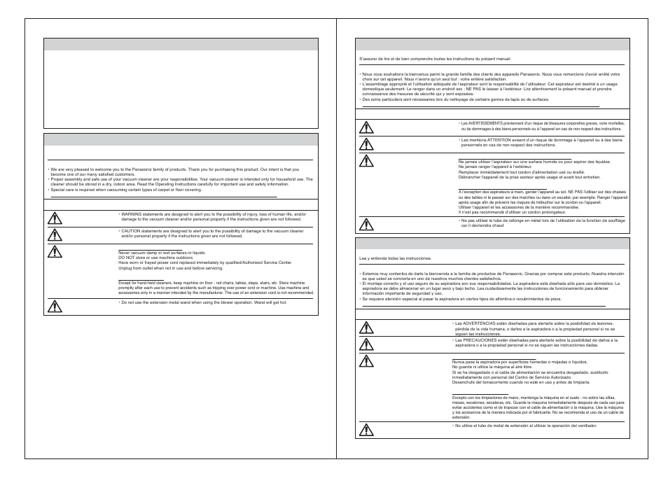 Warning, Caution, Advertencia | Precaución, Avertissement, Attention | Panasonic MC-CG301 User Manual | Page 3 / 19