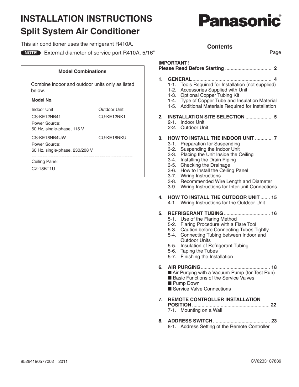 Split system air conditioner, Installation instructions | Panasonic KE12NB41 User Manual | Page 2 / 24