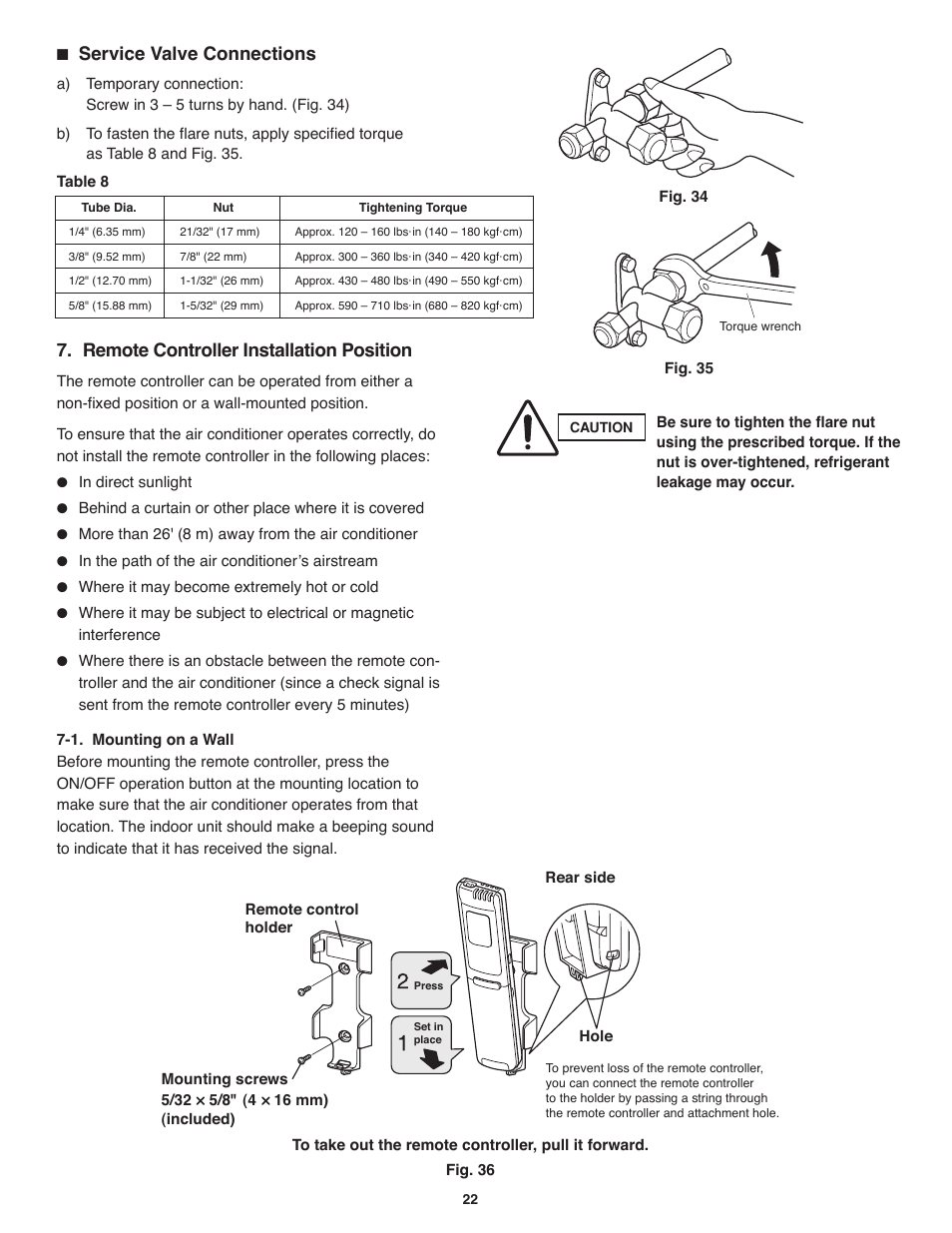 Remote controller installation position, Service valve connections | Panasonic KE12NB41 User Manual | Page 23 / 24