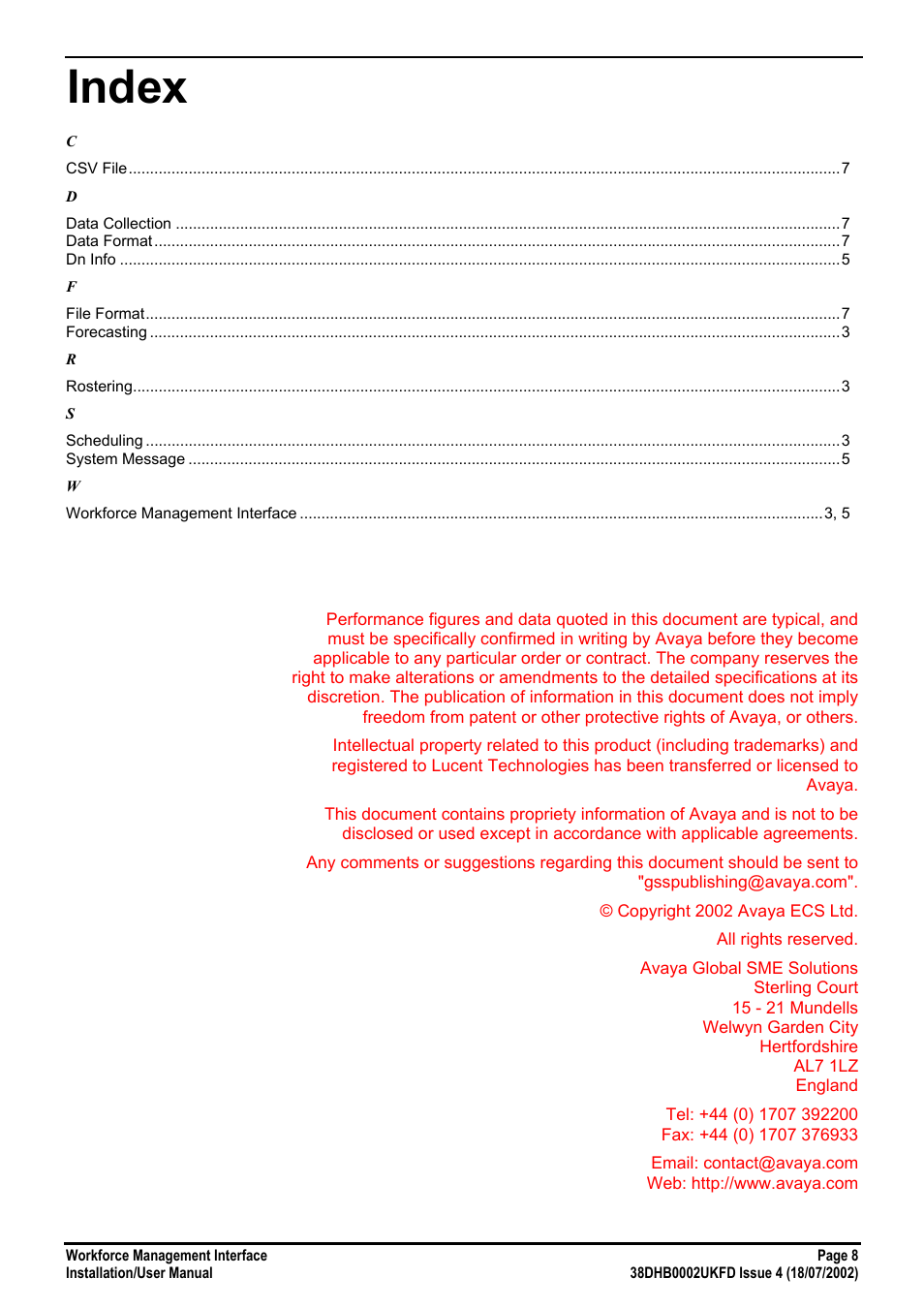 Index | Avaya 38DHB0002UKFD User Manual | Page 8 / 8