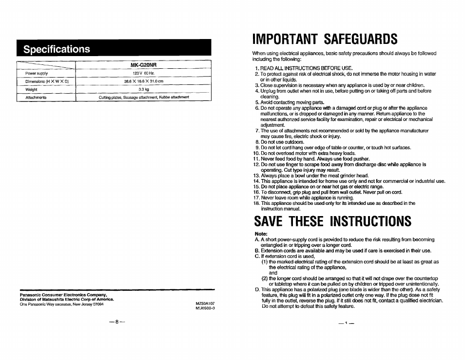 Specifications, Mk-g20nr | Panasonic MK-G20NR-W User Manual | Page 10 / 12