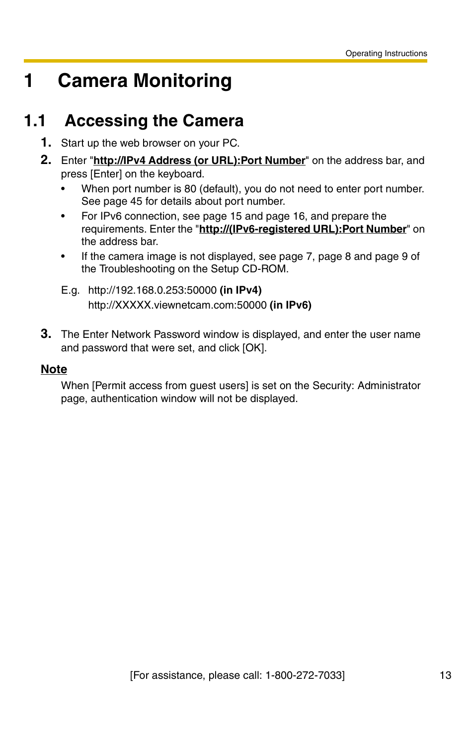 1 camera monitoring, 1 accessing the camera, 1camera monitoring | Panasonic KX-HCM110A User Manual | Page 13 / 176