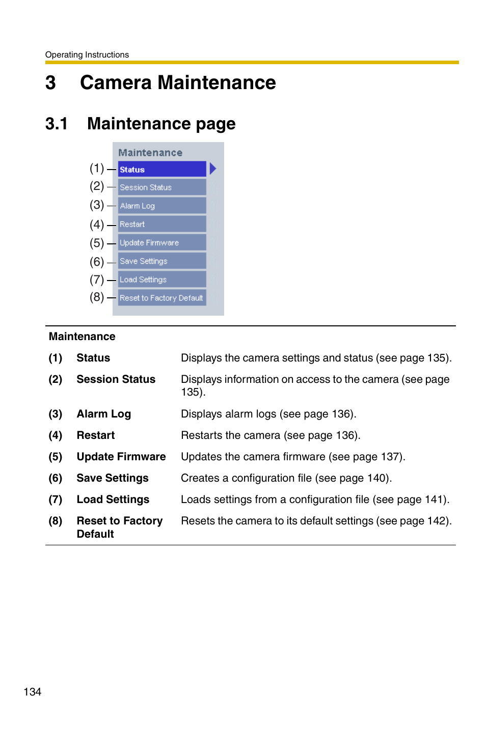 3 camera maintenance, Ge 134, 3camera maintenance | 1 maintenance page | Panasonic KX-HCM110A User Manual | Page 134 / 176