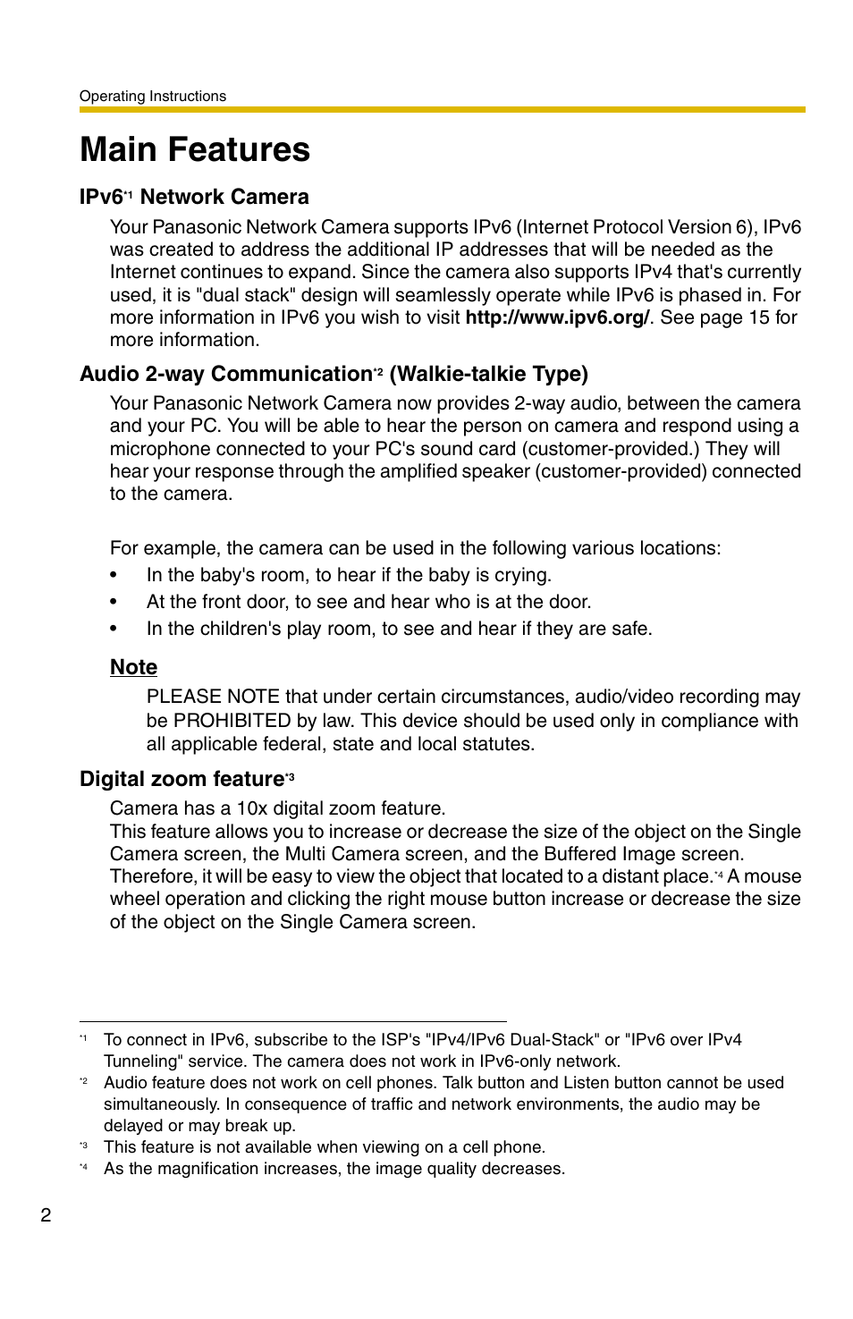 Main features, Ipv6, Network camera | Audio 2-way communication, Walkie-talkie type), Digital zoom feature | Panasonic KX-HCM110A User Manual | Page 2 / 176