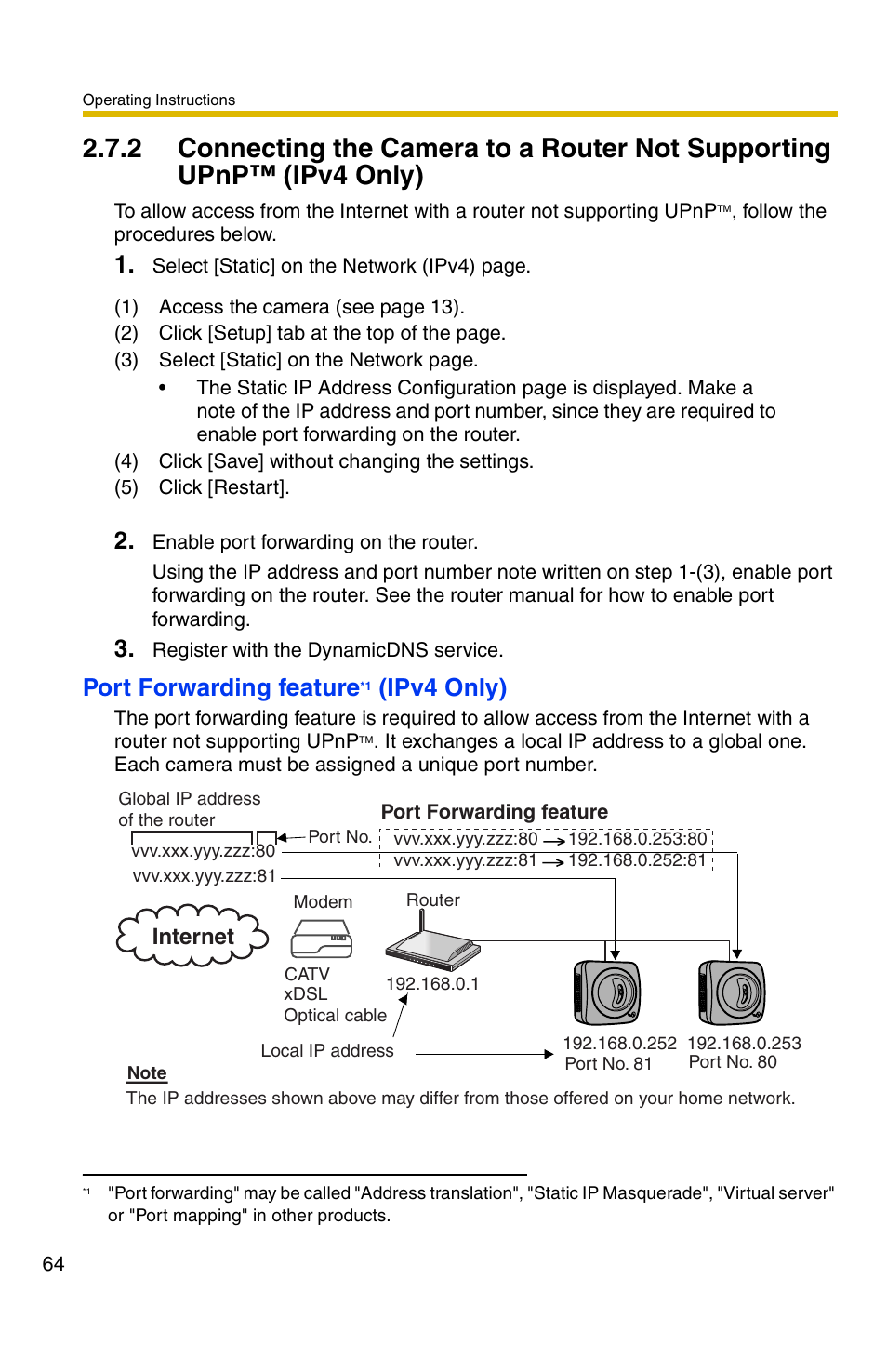 Port forwarding feature, Ipv4 only), Internet | Panasonic KX-HCM110A User Manual | Page 64 / 176