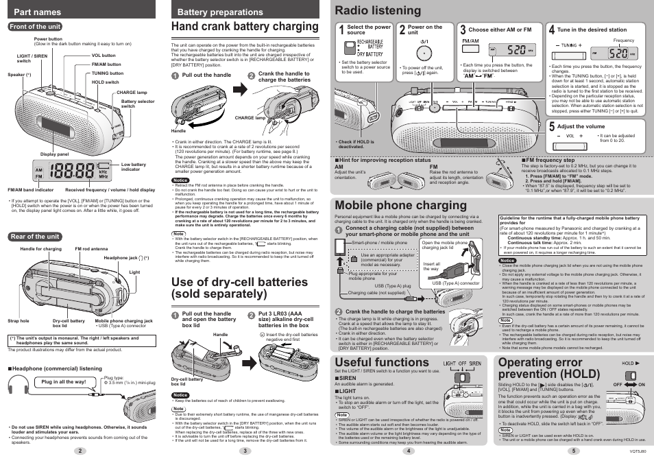 Hand crank battery charging, Use of dry-cell batteries (sold separately), Radio listening | Useful functions, Mobile phone charging, Operating error prevention (hold), Part names, Battery preparations | Panasonic RF-TJ10 User Manual | Page 2 / 2