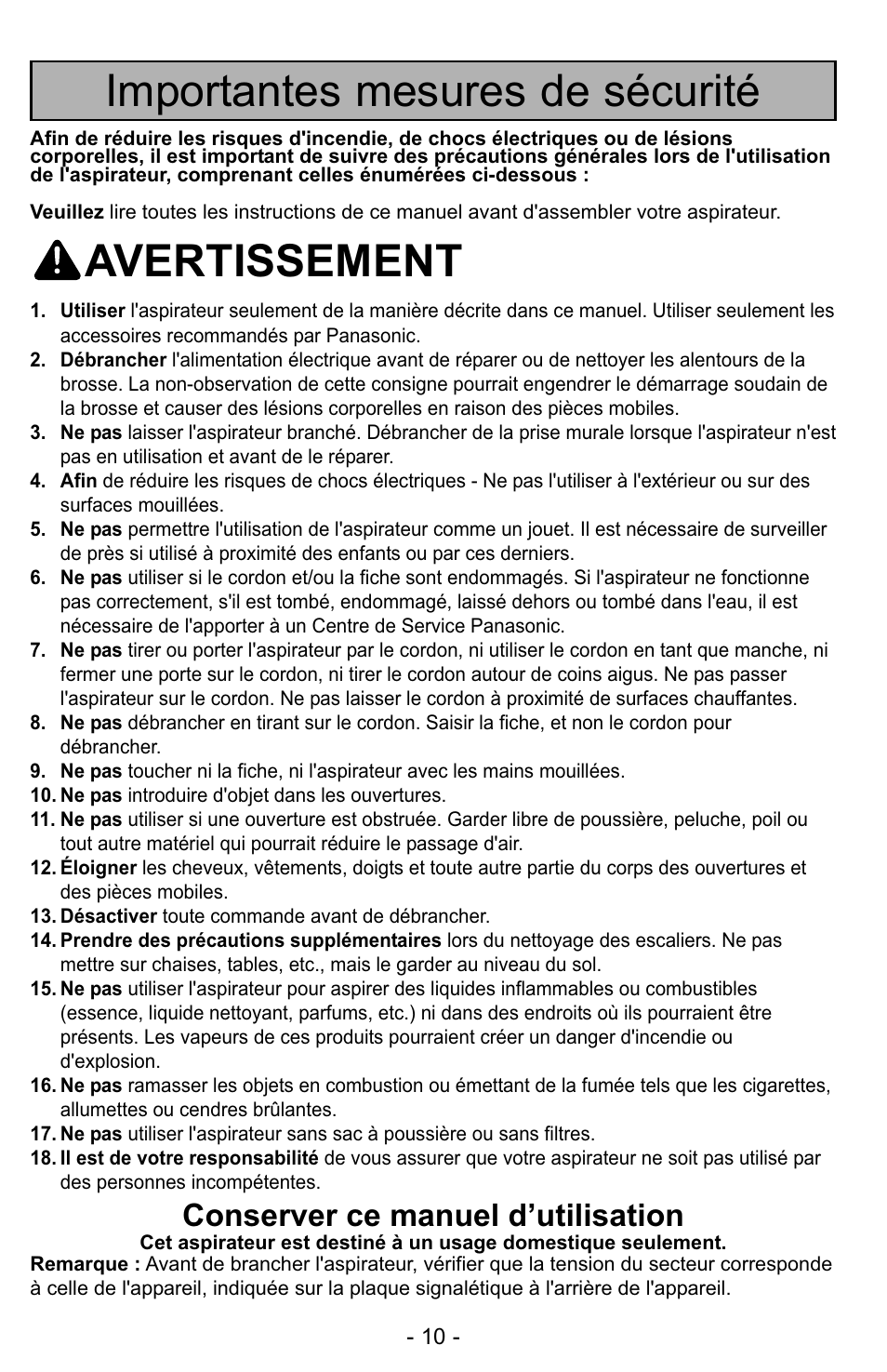 Importantes mesures de sécurité, Avertissement, Conserver ce manuel d’utilisation | Panasonic MC-UG728 User Manual | Page 10 / 64
