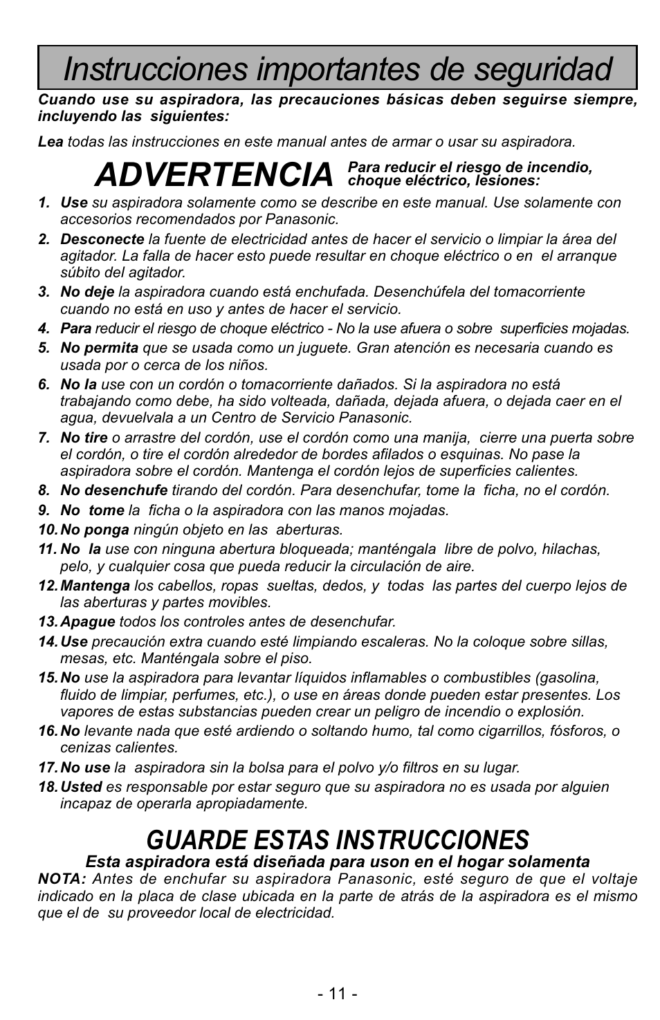 Instrucciones importantes de seguridad, Advertencia, Guarde estas instrucciones | Panasonic MC-UG728 User Manual | Page 11 / 64