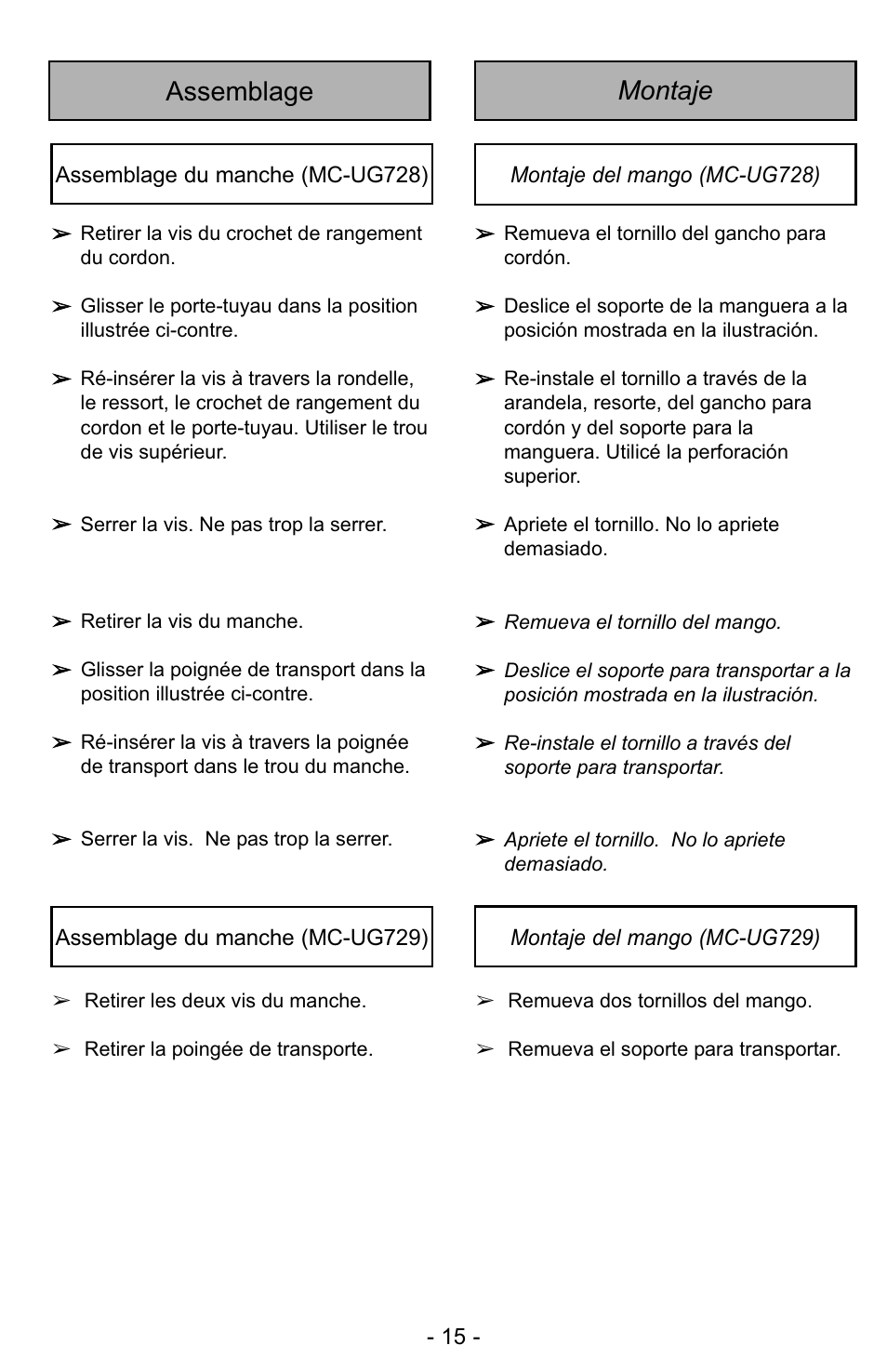 Montaje assemblage | Panasonic MC-UG728 User Manual | Page 15 / 64