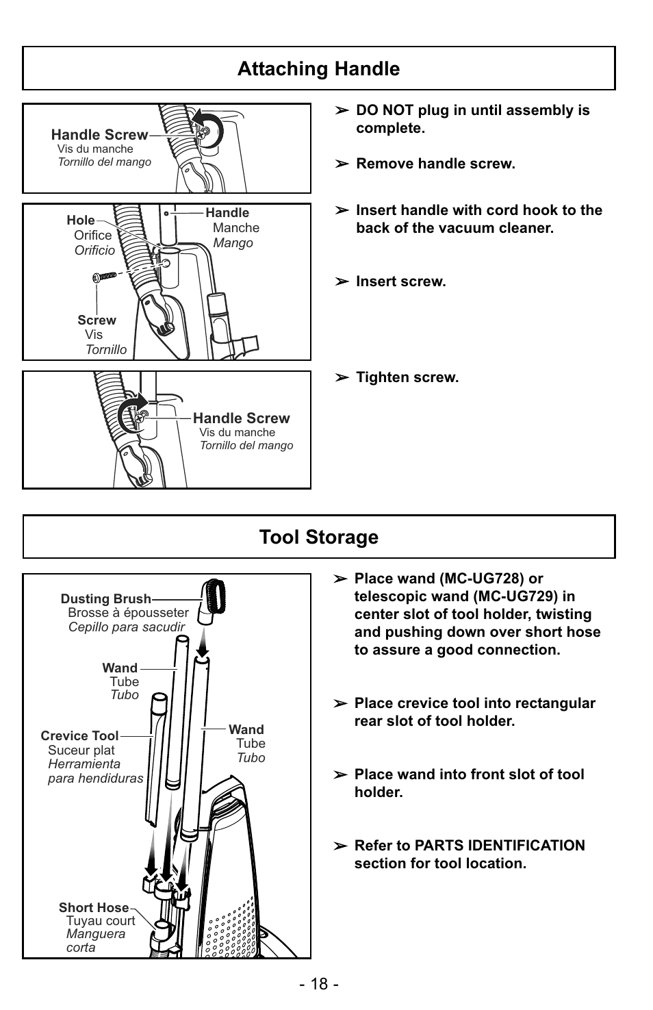 Attaching handle, Tool storage | Panasonic MC-UG728 User Manual | Page 18 / 64