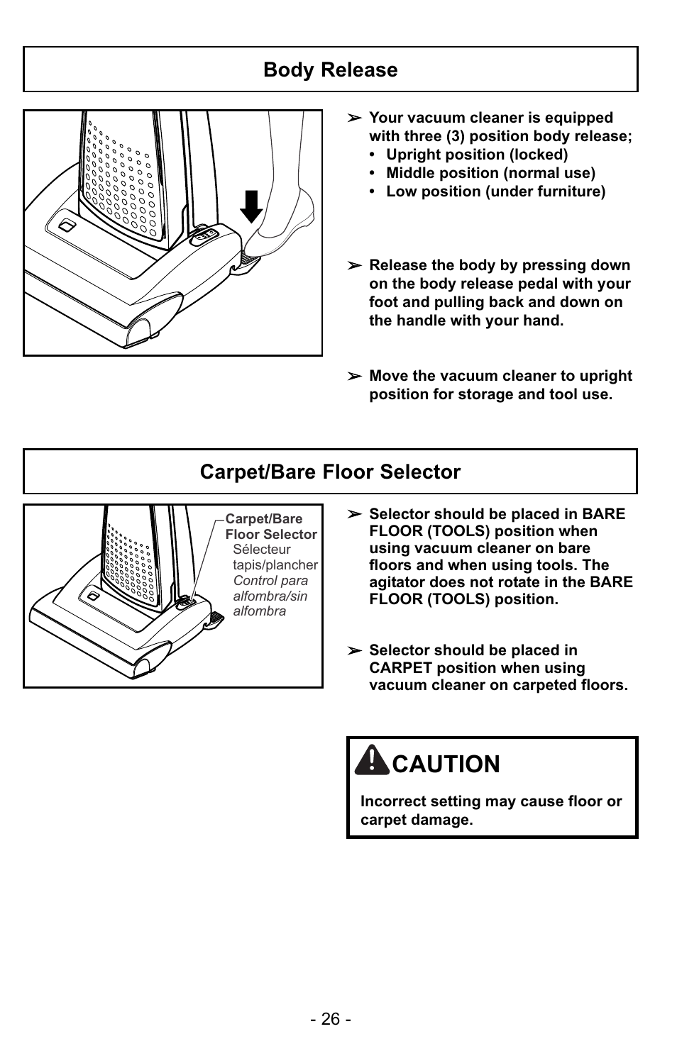 Body release, Carpet/bare floor selector, Caution | Panasonic MC-UG728 User Manual | Page 26 / 64