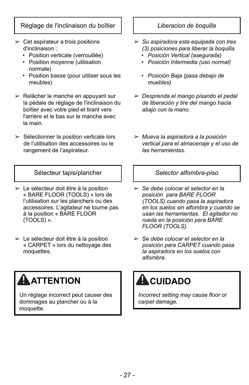 Attention, Cuidado | Panasonic MC-UG728 User Manual | Page 27 / 64