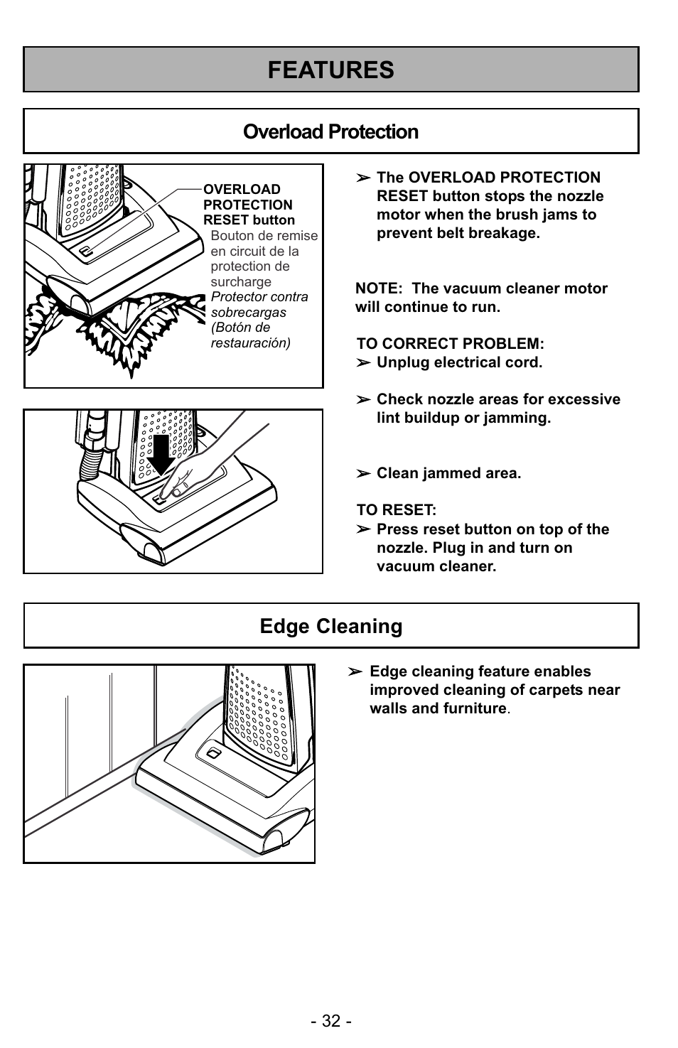 Features, Overload protection, Edge cleaning | Panasonic MC-UG728 User Manual | Page 32 / 64