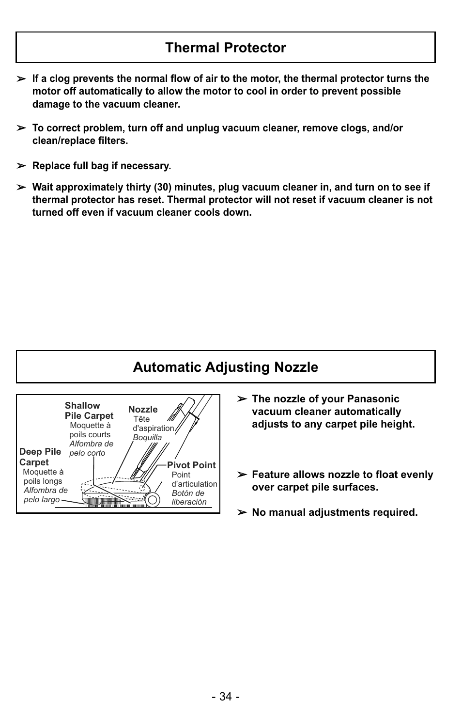 Thermal protector, Automatic adjusting nozzle | Panasonic MC-UG728 User Manual | Page 34 / 64