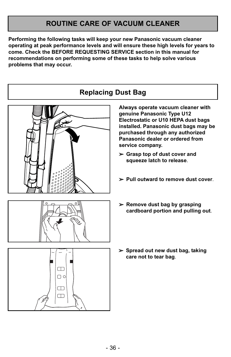 Routine care of vacuum cleaner, Replacing dust bag | Panasonic MC-UG728 User Manual | Page 36 / 64