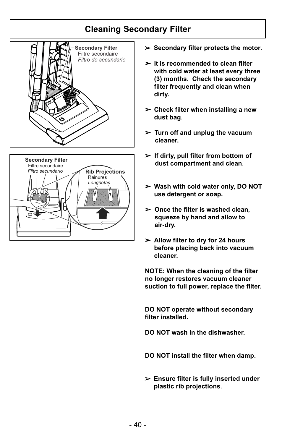 Cleaning secondary filter | Panasonic MC-UG728 User Manual | Page 40 / 64