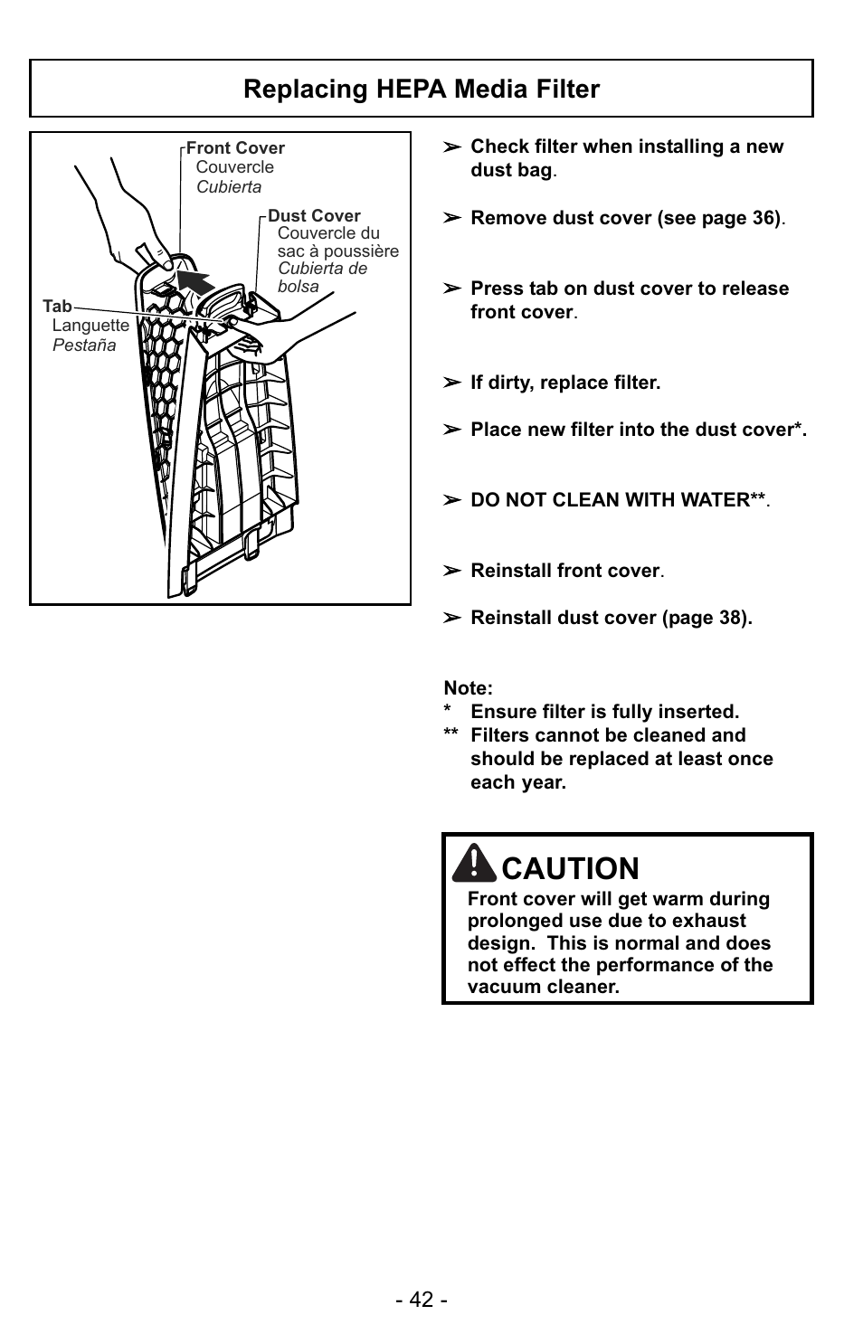 Replacing hepa media filter, Caution | Panasonic MC-UG728 User Manual | Page 42 / 64