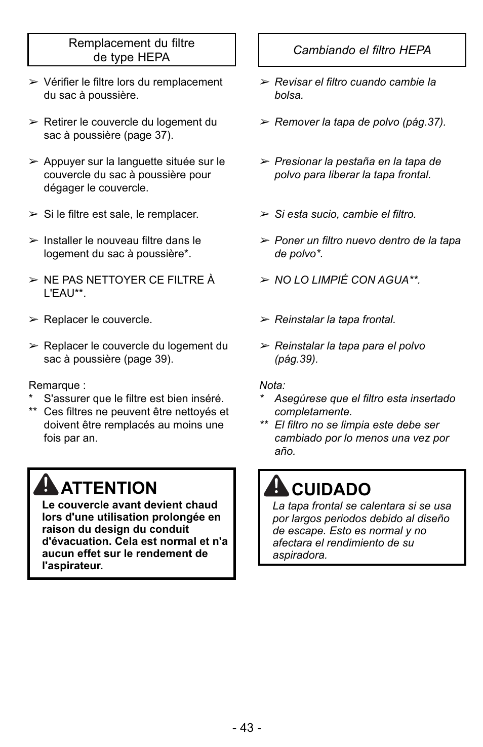 Attention, Cuidado | Panasonic MC-UG728 User Manual | Page 43 / 64