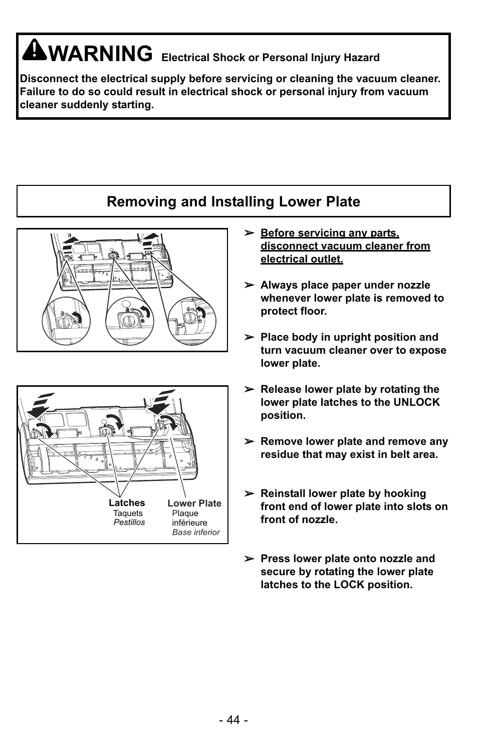 Removing and installing lower plate, Warning | Panasonic MC-UG728 User Manual | Page 44 / 64
