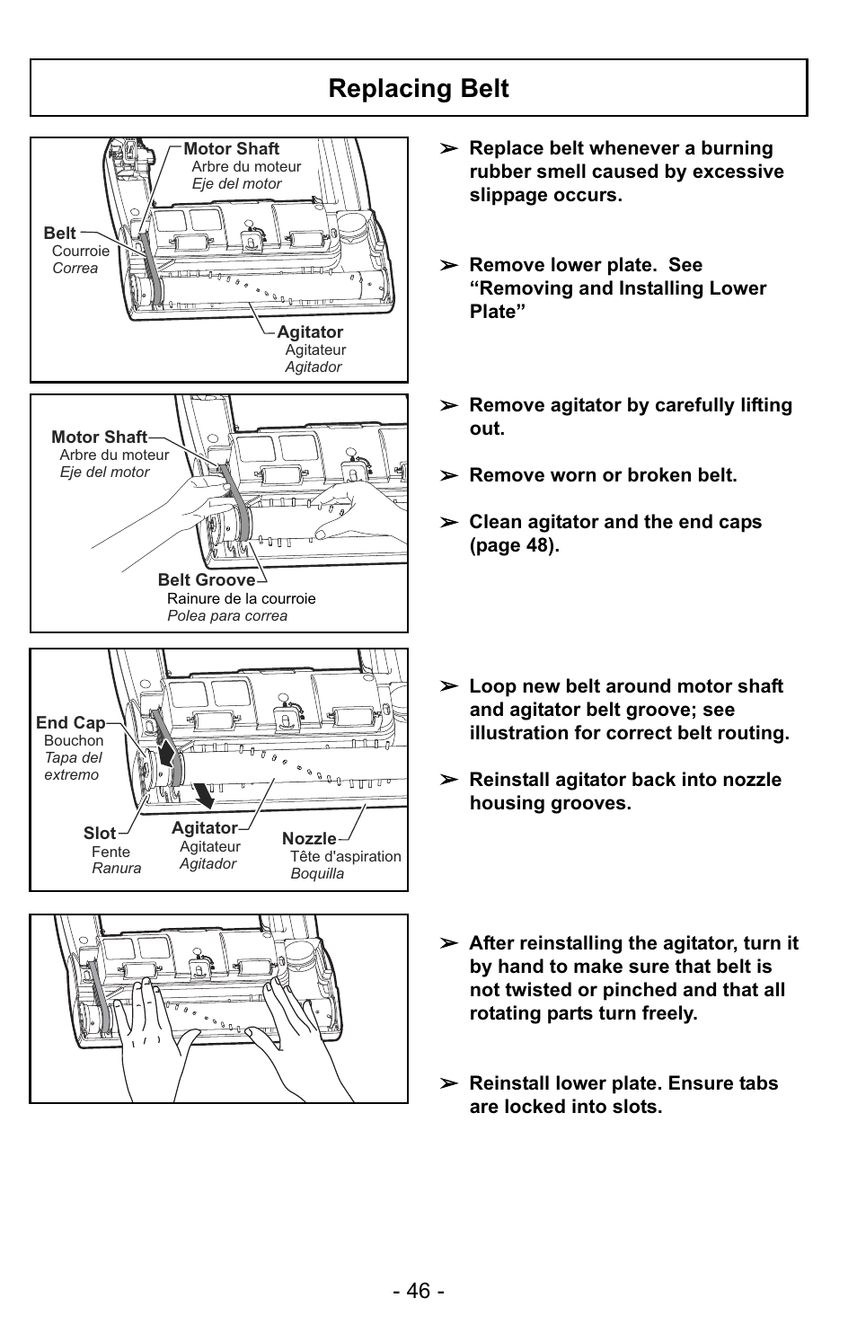Replacing belt | Panasonic MC-UG728 User Manual | Page 46 / 64