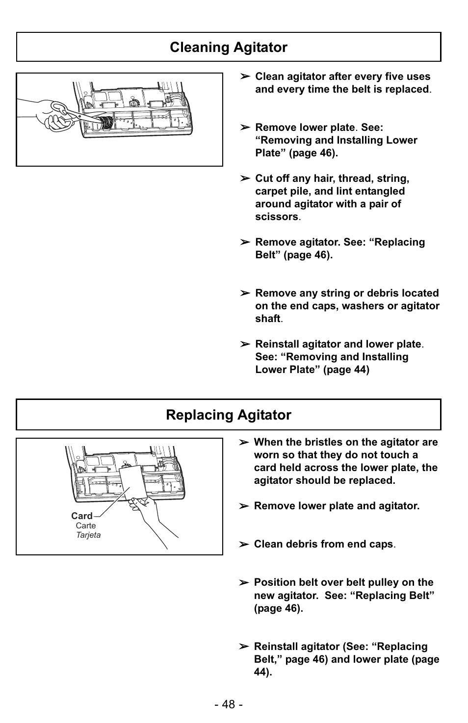 Cleaning agitator, Replacing agitator | Panasonic MC-UG728 User Manual | Page 48 / 64