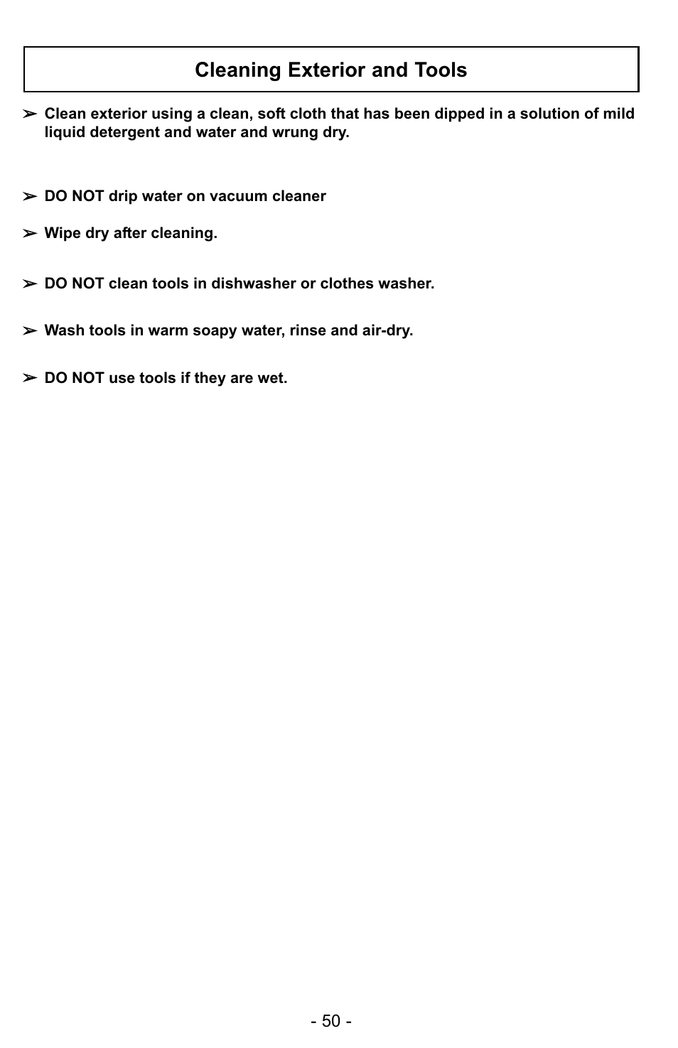 Cleaning exterior and tools | Panasonic MC-UG728 User Manual | Page 50 / 64
