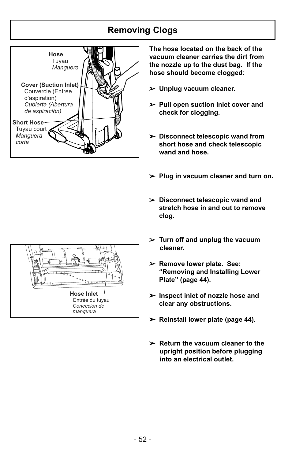 Removing clogs | Panasonic MC-UG728 User Manual | Page 52 / 64