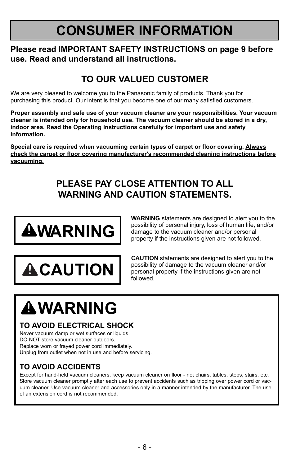 Consumer information, Warning, Caution | Panasonic MC-UG728 User Manual | Page 6 / 64