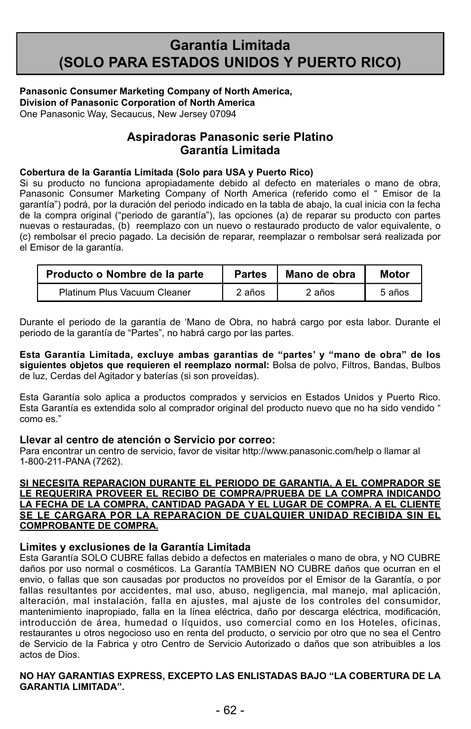 Panasonic MC-UG728 User Manual | Page 62 / 64