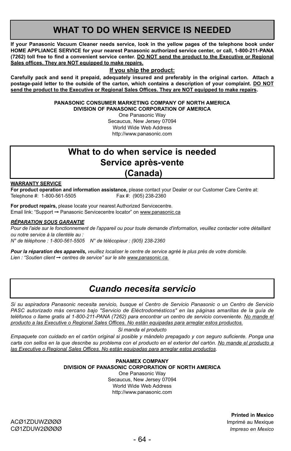 What to do when service is needed | Panasonic MC-UG728 User Manual | Page 64 / 64