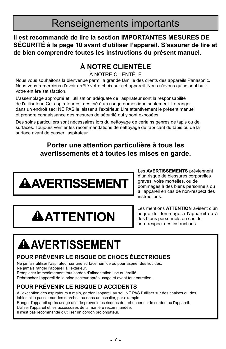 Avertissement, Attention, Renseignements importants | Panasonic MC-UG728 User Manual | Page 7 / 64