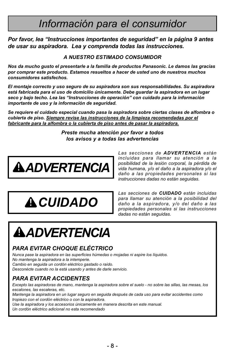 Advertencia, Cuidado, Información para el consumidor | Panasonic MC-UG728 User Manual | Page 8 / 64