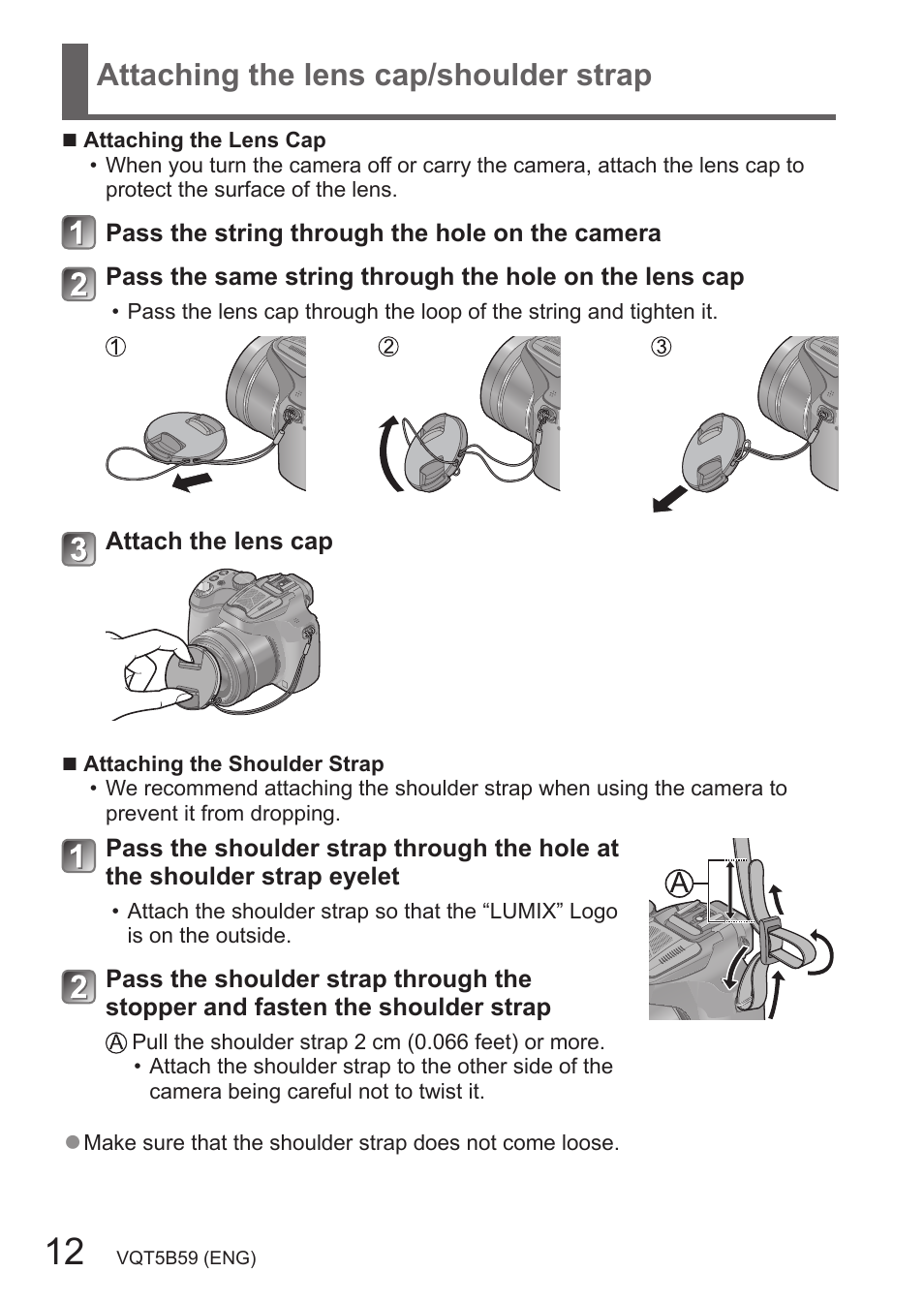 Attaching the lens cap/shoulder strap | Panasonic DMC-FZ70K User Manual | Page 12 / 34