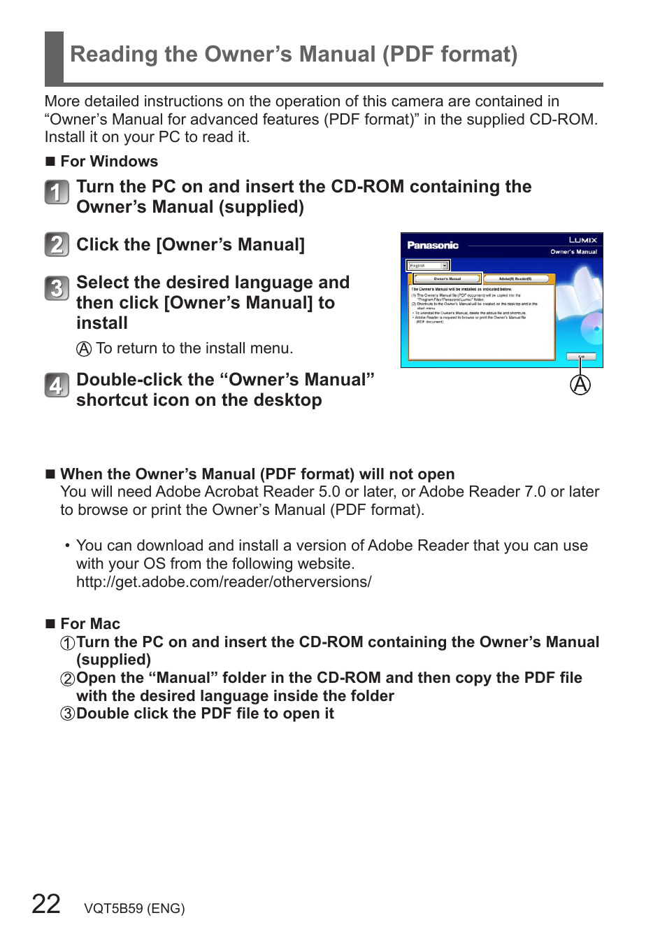 Reading the owner’s manual (pdf format) | Panasonic DMC-FZ70K User Manual | Page 22 / 34