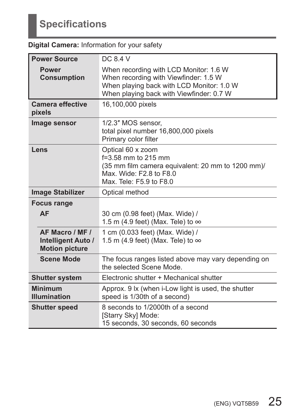 Specifications | Panasonic DMC-FZ70K User Manual | Page 25 / 34