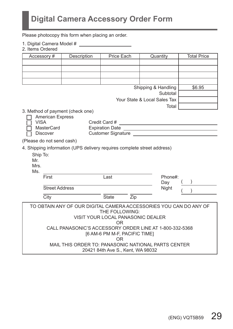 Digital camera accessory order form | Panasonic DMC-FZ70K User Manual | Page 29 / 34