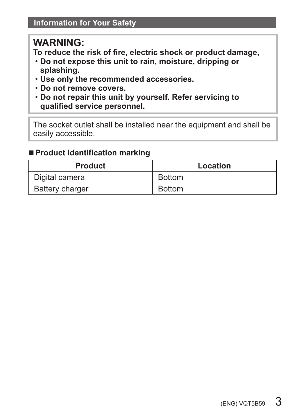 Information for your safety, Warning | Panasonic DMC-FZ70K User Manual | Page 3 / 34