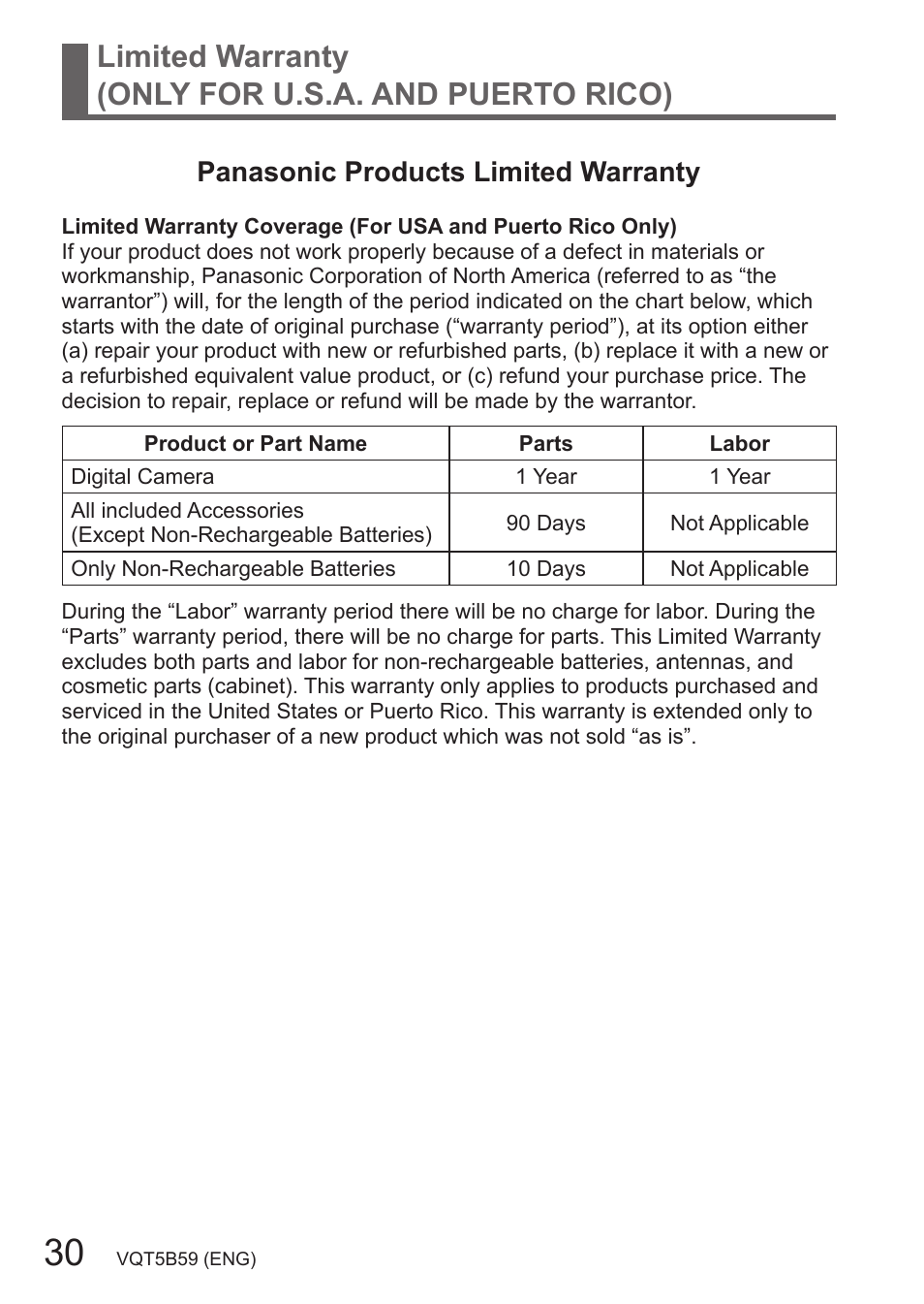 Limited warranty (only for u.s.a. and puerto rico), Panasonic products limited warranty | Panasonic DMC-FZ70K User Manual | Page 30 / 34